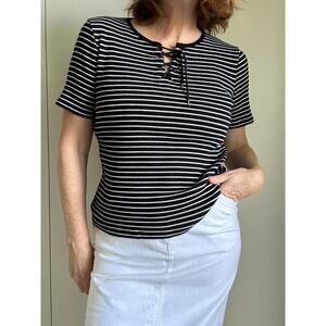 Lauren Ralph Lauren Nautical Stripe T shirt Black White Lace up Size M Coastal